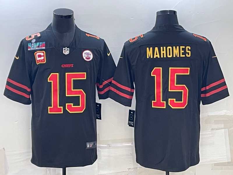 Mens Kansas City Chiefs #15 Patrick Mahomes Black Red Gold Super Bowl LVII Patch And 4-star C Patch Vapor Untouchable Limited Stitched Jersey